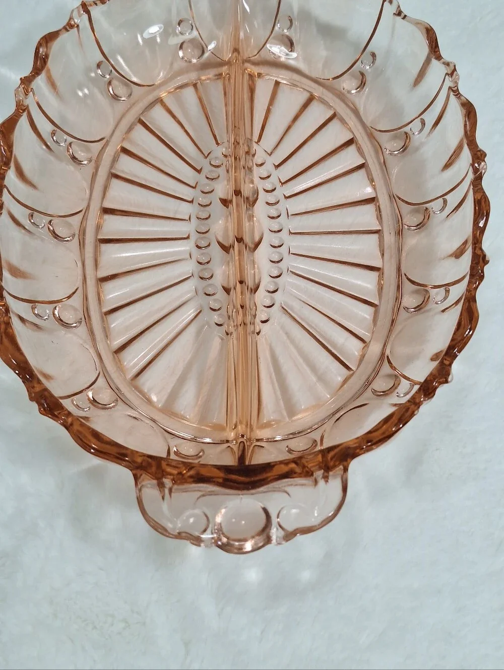 1940 Pink Depression Glass Divided Relish Dish Anchor Hocking Oyster & Pearl